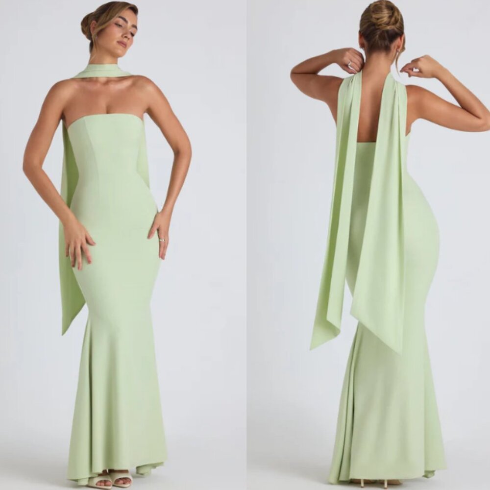 NWT Oh Polly "Imogene" Scarf-Detail Strapless Gown in Spring Green US 0